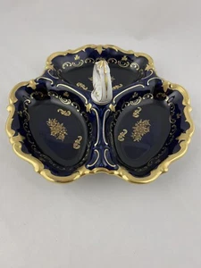 REICHENBACH FINE CHINA PORCELAN COBALT BLUE 3-SECTION SERVING DISH WITH HANDLE - Picture 1 of 12