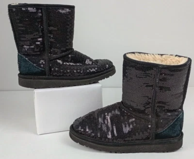 Ugg Australia Classic Kid's Girl's Size 2 Fur Lined Black Sequined Boots - Image 1 of 4