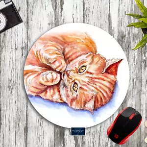 PLAYFUL ORANGE TABBY CAT INSPIRED ART ROUND MOUSE PAD DESK MAT HOME SCHOOL GIFT - Picture 1 of 1