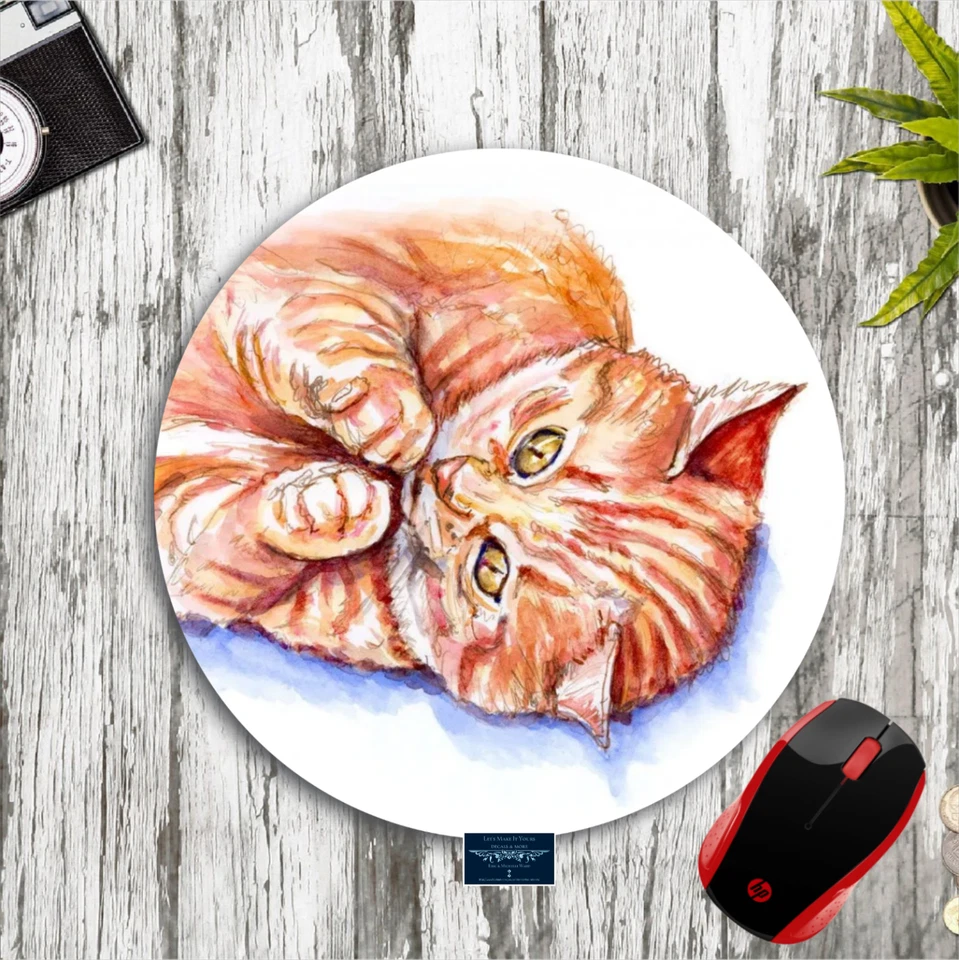 PLAYFUL ORANGE TABBY CAT INSPIRED ART ROUND MOUSE PAD DESK MAT HOME SCHOOL GIFT - Image 1 of 1
