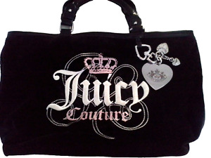 Vintage JUICY COUTURE Tote Handbag Black Velour with Chunky Silver Handbag Charm