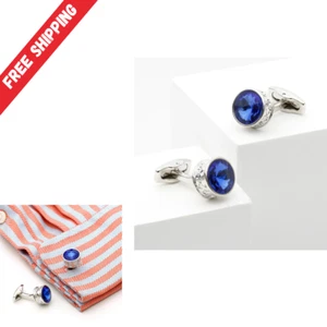 Men's Cufflinks Blue Crystal French Shirt Wedding Party Cuff Links Wedding Gift - Picture 1 of 8