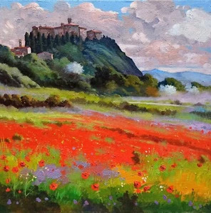 TUSCANY PAINTING "OLD VILLAGE" LANDSCAPE CANVAS PAINTER ANDREA BORELLA ITALY - Picture 1 of 13