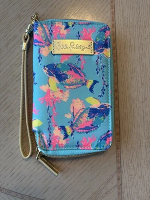 Cartera Muñequera Vintage Lilly Pulitzer Colorido Estampado de Peces - Borde de Cuero Dorado Foto 1 de 4