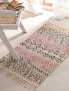 Bohemian Tribal Cotton Rug Hand Woven Block Print Area Carpet for Home Decor - Picture 1 of 7