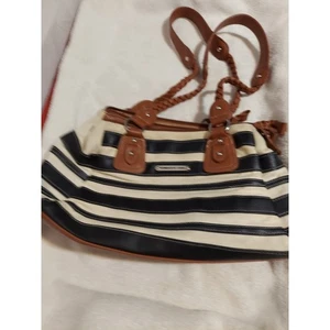 Stone Mountain Satchel Purse Striped Handbag Braided Handles Cognac Trim - Picture 1 of 7