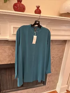 NUEVO CON ETIQUETAS Camisa Eileen Fisher Pavo Real Seda Georgette Crepé Cuello Mandarina Talla 2X - Imagen 1 de 8