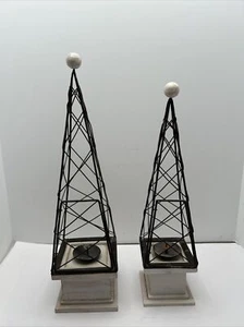 Two Obelisk Metal and Wood Base candle holders   Handmade /made in indonesia - Picture 1 of 12