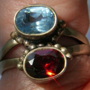 blue & red stone washed silver tone 5/8" band Ring estate size 7.5 needs buffing
