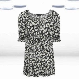 Ex Women's Plus Size Floral Shirred Tie Neck Top in Black (Defect) - Picture 1 of 7