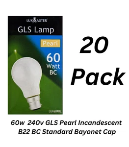 20 x 60W GLS Pearl Incandescent Light Globes Bulbs B22 BC Bayonet 240 V - Picture 1 of 7