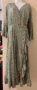 Cienna Women's V-Neck Midi Wrap Dress Teal Green Floral Paisley Print Ruffled XL - Picture 1 of 10