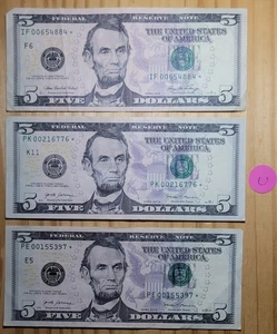 $5 Replacement 🌟 Notes (3) Bills All Start With 00. 2006 (1) & 2017A (2) Lot: U - Picture 1 of 5