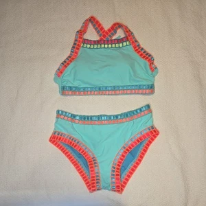 Beach Lingo Girls Cross Back Embroidered Binding Two Piece Swimsuit Blue Size 10 - Picture 1 of 11