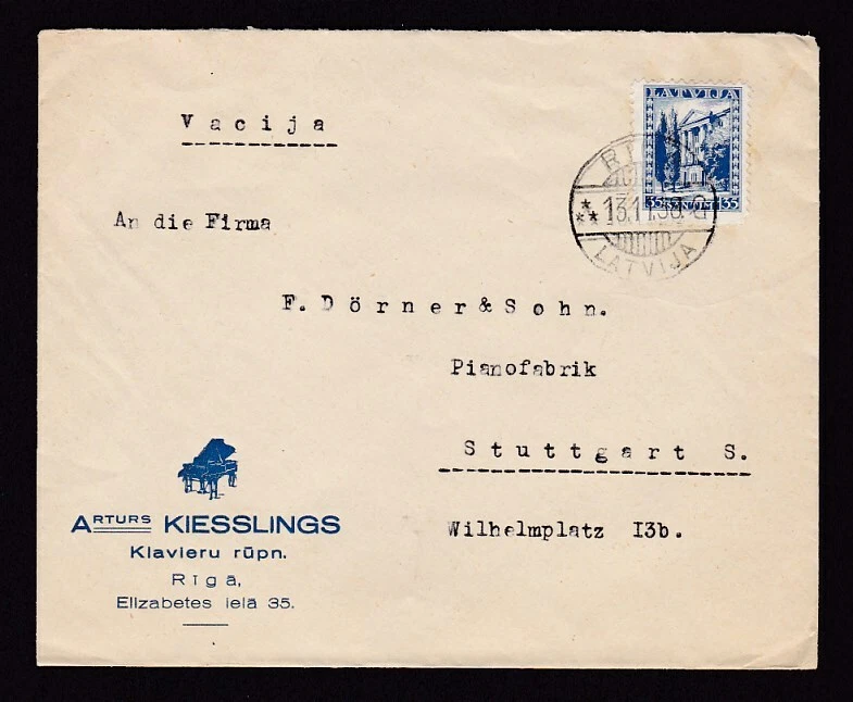 Letonia 1938 Arturs Kiessling piano ilustrado sobre Riga a Alemania... música Foto 1 de 1