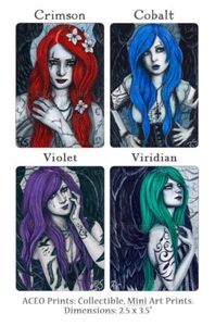 ACEO LE PRINTS Angels Tattoos Colors Gothic Jewel Tones Red Blue Violet Green - Picture 1 of 7