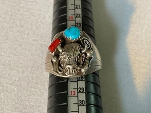 Navajo Buffalo Ring Size 11.5 Grace Smith Turquoise Coral Sterling Silver - Picture 1 of 6