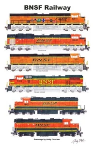 Póster de locomotoras naranjas BNSF 11""x17"" firmado por Andy Fletcher - Imagen 1 de 1