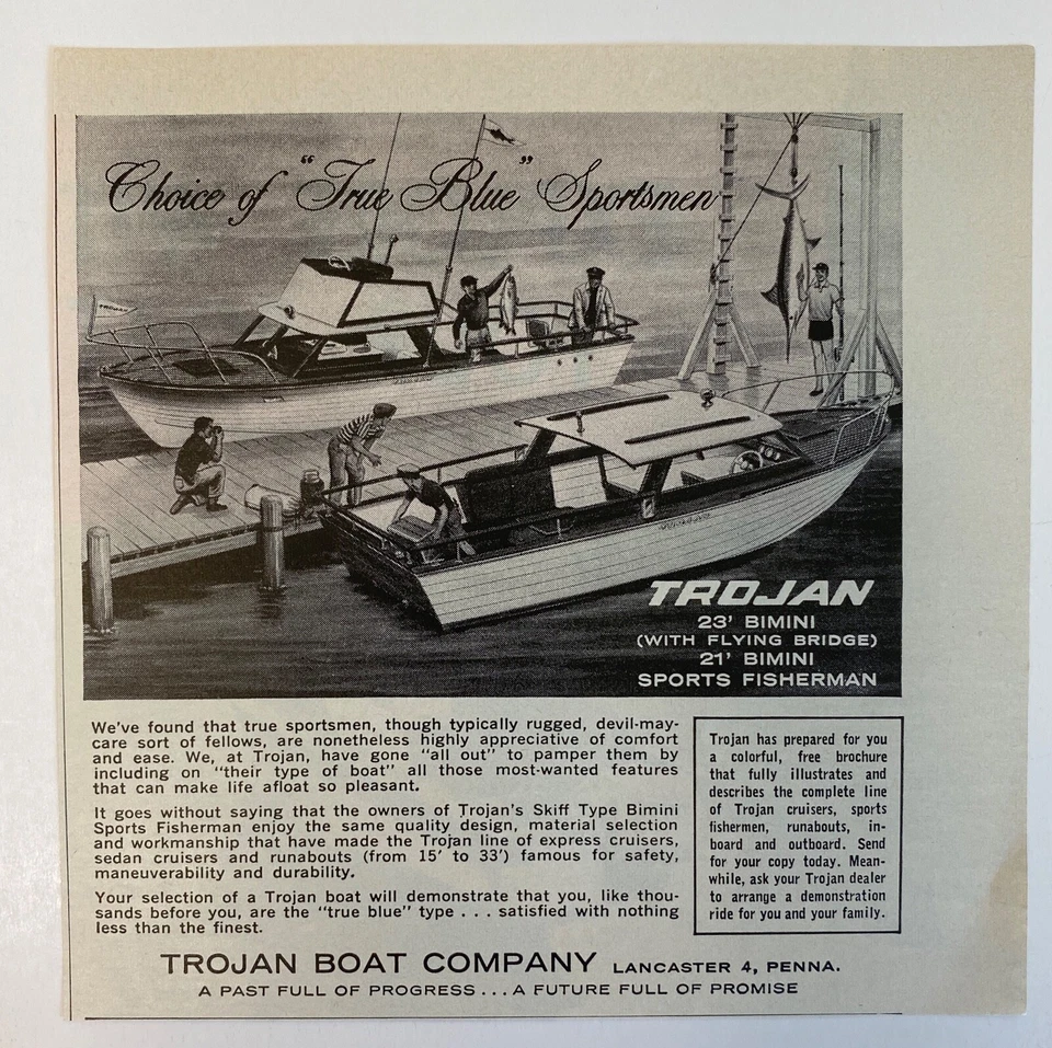Trojan Boat Company 1961 True Blue Boats Flying Bridge Fisherman anuncio impreso    Foto 1 de 1