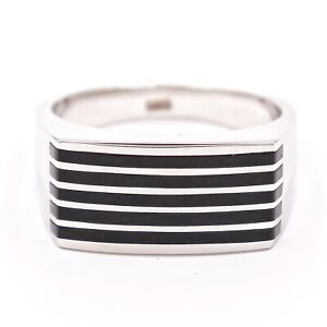 Black Onyx Striped Line Pattern 14k White Gold Men's Ring