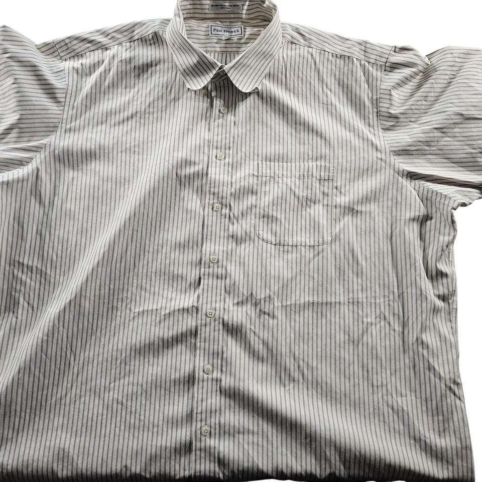 Camisa Paul Fredrick Para Hombre 20 Beige Blanco Rayas Manga Corta Sin Hierro Pinpoint Foto 1 de 4