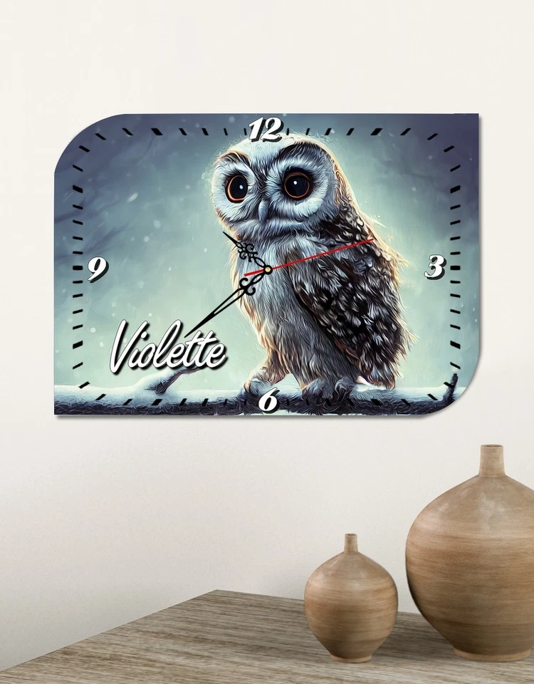 Horloge murale personnalisée avec prénom – Thème chouette – Bois MDF - Photo 1/1