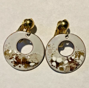 VIntage Enameled Copper Earrings Drop Dangle Cream Brown Earth Tones Abstract - Picture 1 of 6