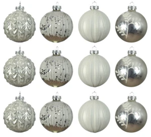 12 Weihnachtskugeln 8cm Glas Muster Streifen Mix Christbaumkugeln mix silber - Bild 1 von 3