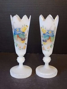 Vintage Hand Blown Painted Pair Bristol Footed Vase Opaque Frosted Glass 8 1/2"  - Picture 1 of 5
