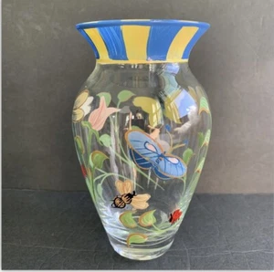 LENOX FLORAL GLASS HANDPAINTED VASE BUTTERFLY MEADOW 6" Home Decor Pink Flowers - Picture 1 of 3