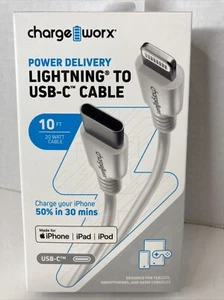 Apple To USB-C Cable ChargeWorx CX4630WH 10 Ft Power Cord White iPhone NEW FS - Zdjęcie 1 z 12