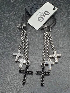 SIGNED DOLCE & GABBANA D&G DANGLE DROP CROSS RHINESTONE SILVER TONE EARRINGS NWT - Picture 1 of 7