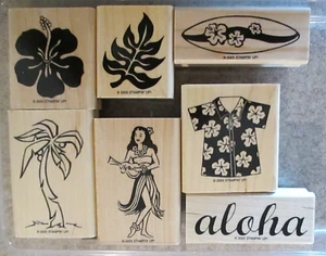 Mounted Stampin UP! "DO THE HULA" set of 7 Wood Rubber Stamps RETIRED - Picture 1 of 3