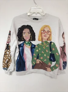 Women’s Zara RARE Design White Graphic Crewneck Pullover Sweatshirt Size Small - Picture 1 of 9