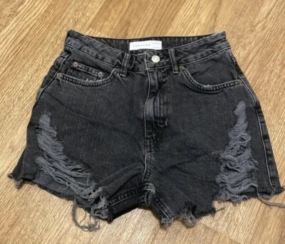Pantalones Cortos de Denim Topshop Talla 4 Negros Envejecidos Cintura Alta Corte Festival Jean Foto 1 de 4