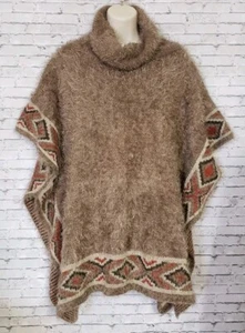 Southwest Aztec Western Poncho Shawl Womens One Size Brown Boho Furry Soft - Picture 1 of 15