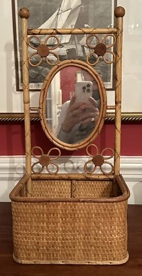 Vintage Bamboo and Rattan Wall Shelf with Oval Mirror - Image 1 of 4