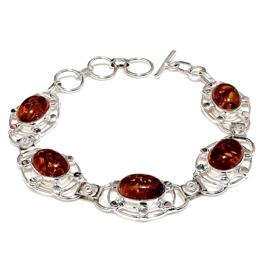 Pulseira de prata esterlina 925 feita à mão com pedra preciosa âmbar do Báltico tamanho 7-8" - Imagem 1 de 1