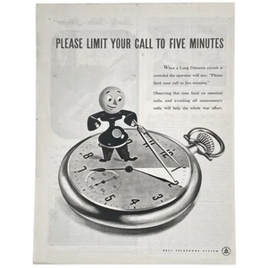 1943 WW II Bell Telephone System “Limit Your Call To 5 Minutes" Wartime Print Ad - Picture 1 of 1