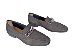 Clarks Metallic Black Gold Loafers 9.5M Women’s Chunky Chain Comfort Flats Shoes - Picture 1 of 11
