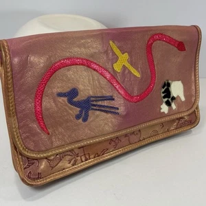 Vtg Unique Carlos Falchi Foldover Crossbody Handbag Pink Leather Animal Hide - Picture 1 of 14