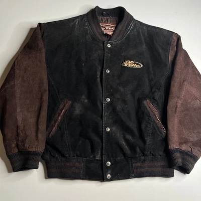 Chaqueta de cuero vintage NO FEAR XL negra marrón bombardero universitario estilo años 90 Foto 1 de 4