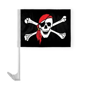 12"x16" Red Hat Skull Jack Pirate Car Window Flag, Polyester 17" Flex Pole - Picture 1 of 1