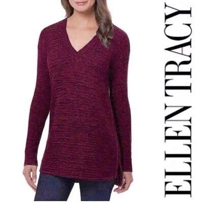 ELLEN TRACY 女式栗色 V 领长袖针织套衫毛衣 M 码 — 第 1/4 张图片