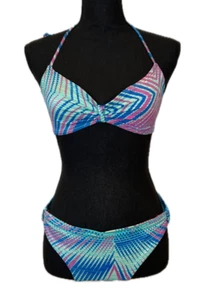 Vtg Rose Marie Reid Swimsuit 1970s 2 Piece Bikini Sz Small Blue/Purple Geometric - Picture 1 of 17