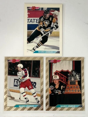 1992-93 BOWMAN HOCKEY MARIO LEMIEUX 2 GOLD FOIL #233 & 440 + BASE CARD #189 - Image 1 of 2