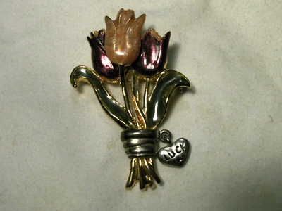 Kenneth Cole Color Oro, Smalto, Color Argento Cuore Pendente Spilla Fiore - Immagine 1 di 4