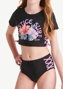 JUSTICE Girls Swimsuit Tankini Bikini Rash Guard Lace S 10  NWT - Picture 1 of 5