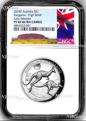 2018 P Australia HIGH RELIEF 1oz Silver Kangaroo $1 Coin NGC PF69 ER New Label - Image 1 of 4