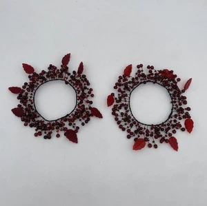 2 Pottery Barn Red PEPPERBERRY Wired Bead Pillar Candle Rings W/ Leaves - Picture 1 of 7